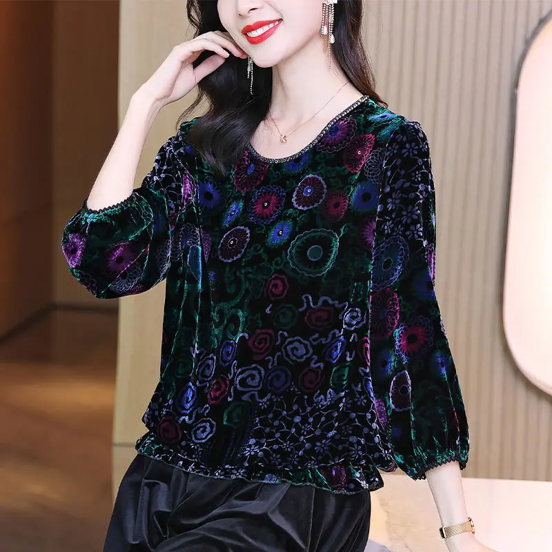 Top Trends: Velvet Vintage Printed Shirt Female Clothing Elegant Folds Autumn Casual Nine Quarter Sleeve Stylish Loose Commute O-Neck Blouse Shoppable Styles