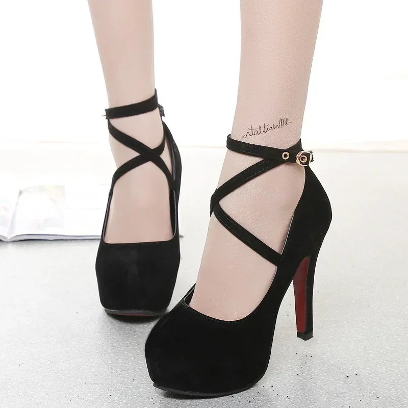 Top Trends: Suede Women High Heels Sexy Stiletto Pumps Platform Black Red Blue Dress Party Wedding Shoes Woman Pumps 8cm Bottom Office Shoppable Styles