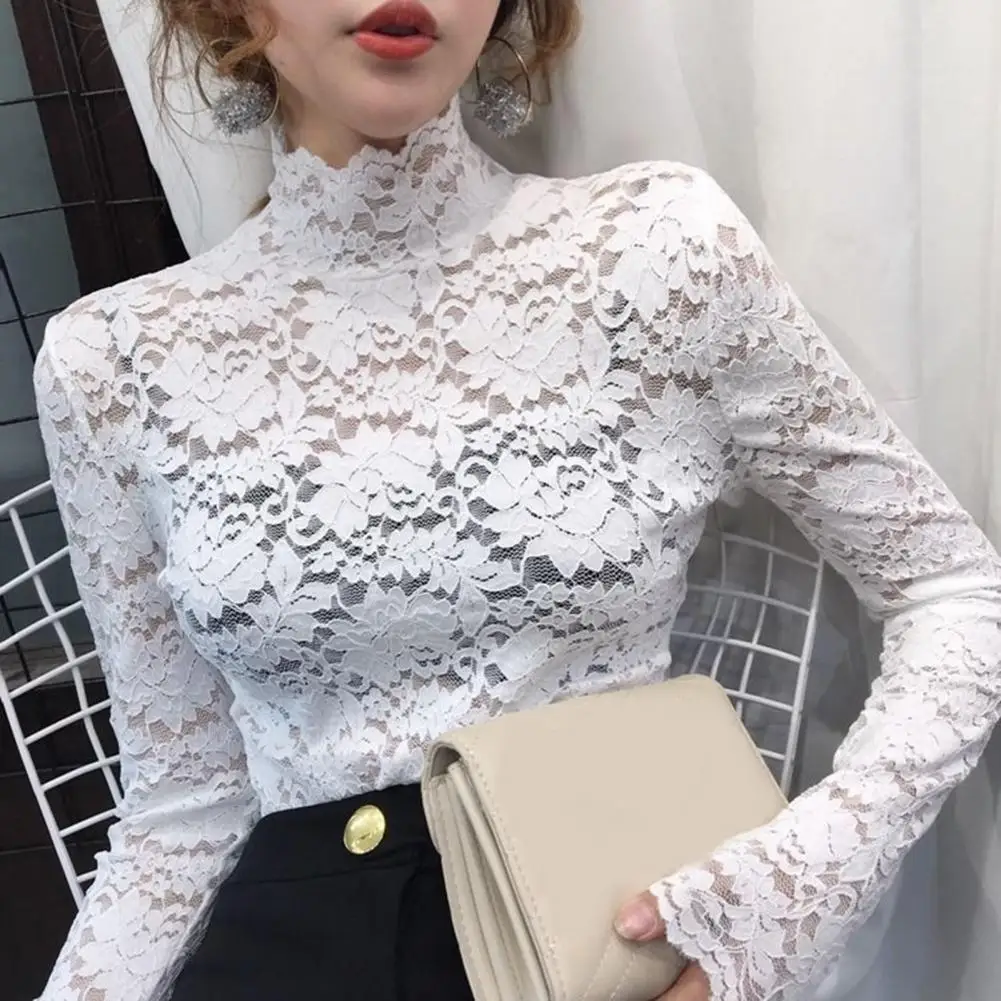 Top Trends: Autumn Women Thin Lace T Shirt Half High Collar Long Sleeves See-Through Slim Crochet Patchwork Hollow Blouses Top Streetwear Shoppable Styles