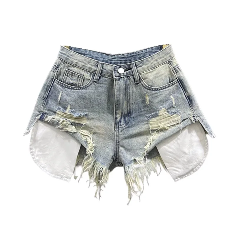 Top Trends: Korean Vintage Blue Sexy Ripped Jeans For Women Patchwork A-line High-waisted Denim Ultra Shorts Shoppable Styles