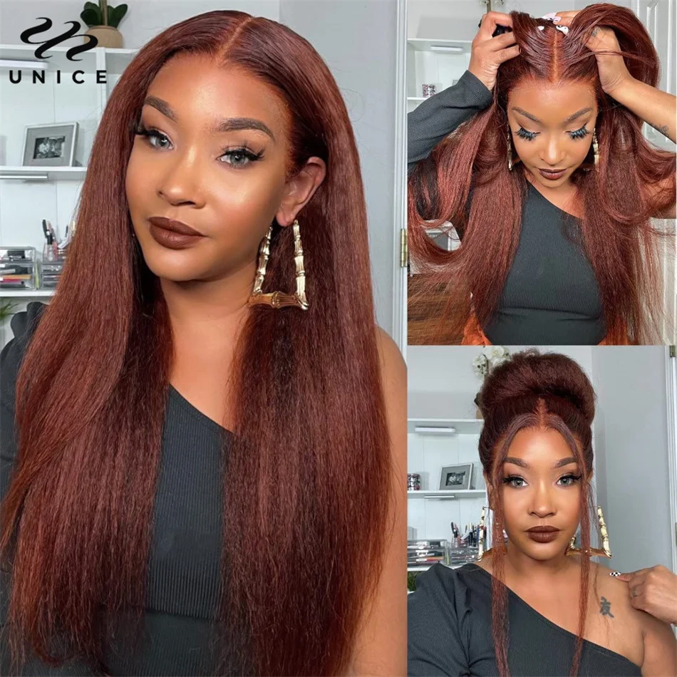 Top Trends: UNice Hair Kinky Straight Human Hair Wigs Pre Plucked 13x4 Lace Frontal Wig Reddish Brown Colored Lace Front Wigs For Women Shoppable Styles