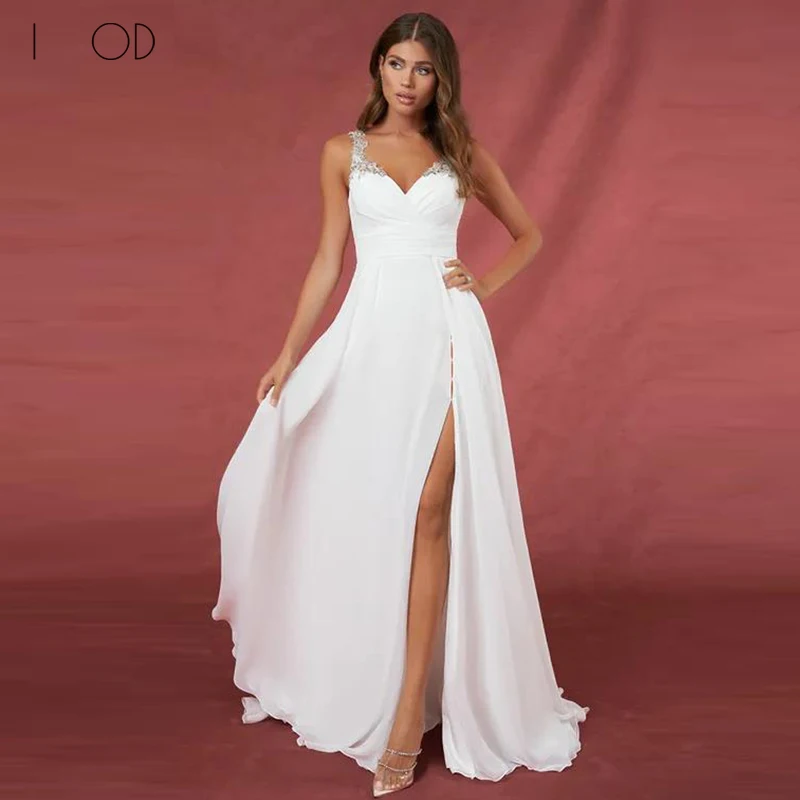 Top Trends: I OD Side Split Chiffon Wedding Dress Suknia Slubna Elegant Applique Sequined Sleeveless V-Neck Cross Back A-Line Bridal Gown Shoppable Styles