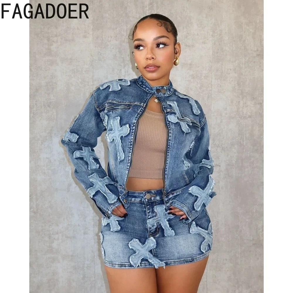 Top Trends: FAGADOER Fashion Denim Streetwear Women Long Sleeve Embroidery Coats And Mini Skirts Two Piece Sets Female Matching 2pcs Outfits Shoppable Styles