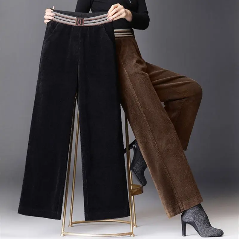 Top Trends: Autumn Winter Corduroy Warm Straight Pants Vintage Elegant Fashion High Waist Elastic Loose Casual Women Wide Leg Trousers 2022 Shoppable Styles