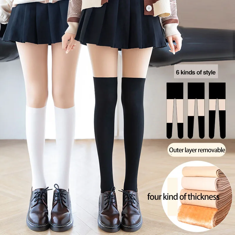 Top Trends: Winter Women Tights Two Layer Warm Velvet With Button Thick Fleece Detachable False Knee Pantyhose Female Patchwork Stockings Shoppable Styles