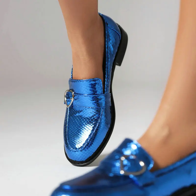 Top Trends: Chic Shiny Blue Gold Green Luxury Loafers Women Casual Slip-on Shoes With Buckle Designer Woman Oxfords Low Heels Flats Shoes Shoppable Styles