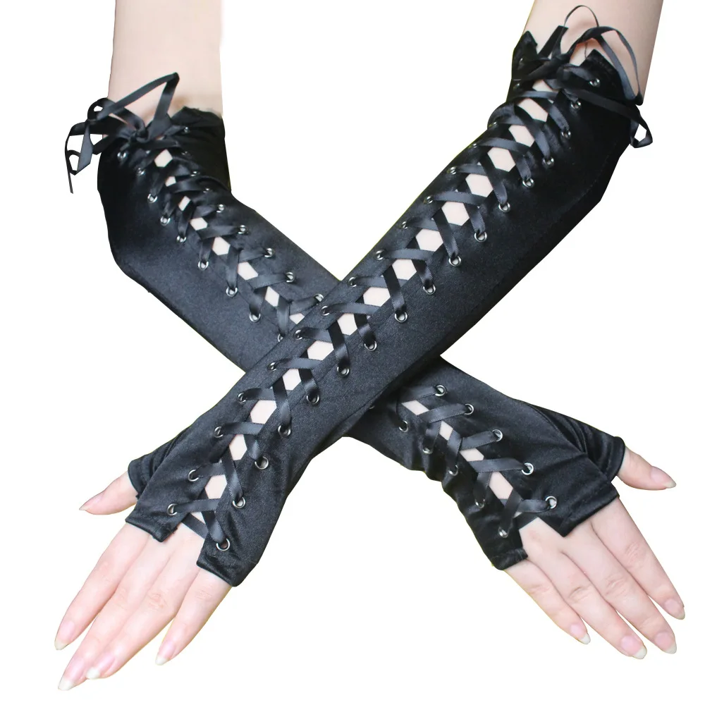 Top Trends: Lace Gloves Sexy Lace Long Gloves Winter Elbow Length Half-Finger Gloves Ribbon Fingerless Fishnet Mesh Ceremonial Party Gloves Shoppable Styles - Image 4