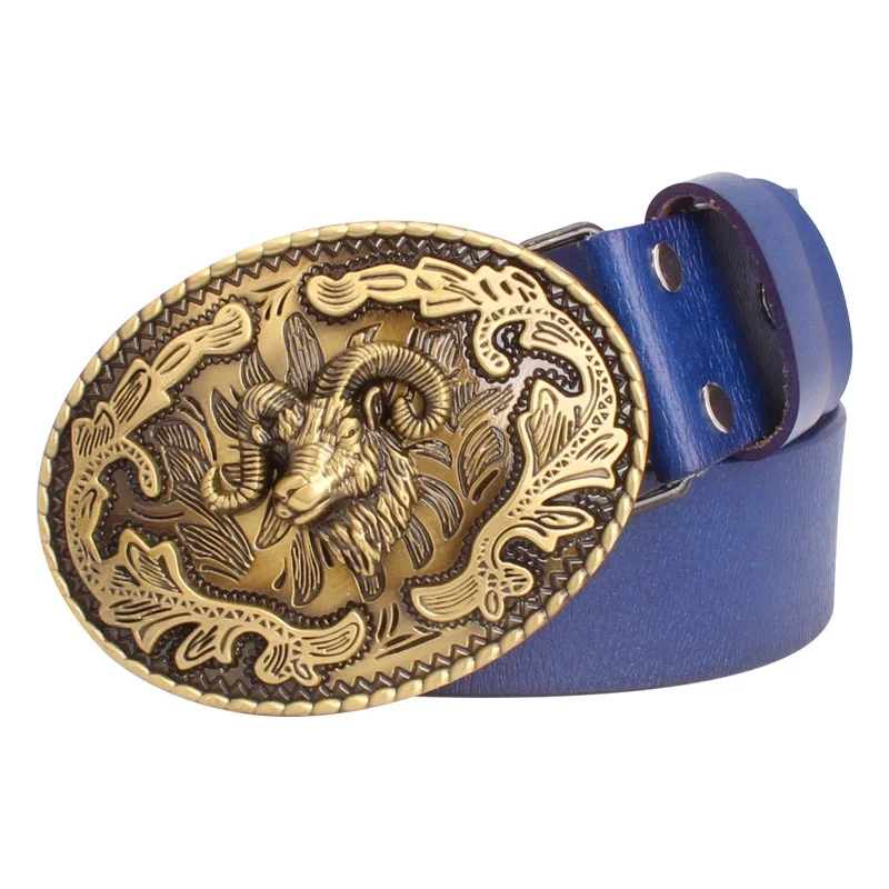 Top Trends: Fashion Belt Sheep Argali Golden Ram Head Buckle Cowskin Leather Goat Pattern Heavy Metal Rock Style Accessories Shoppable Styles - Image 5