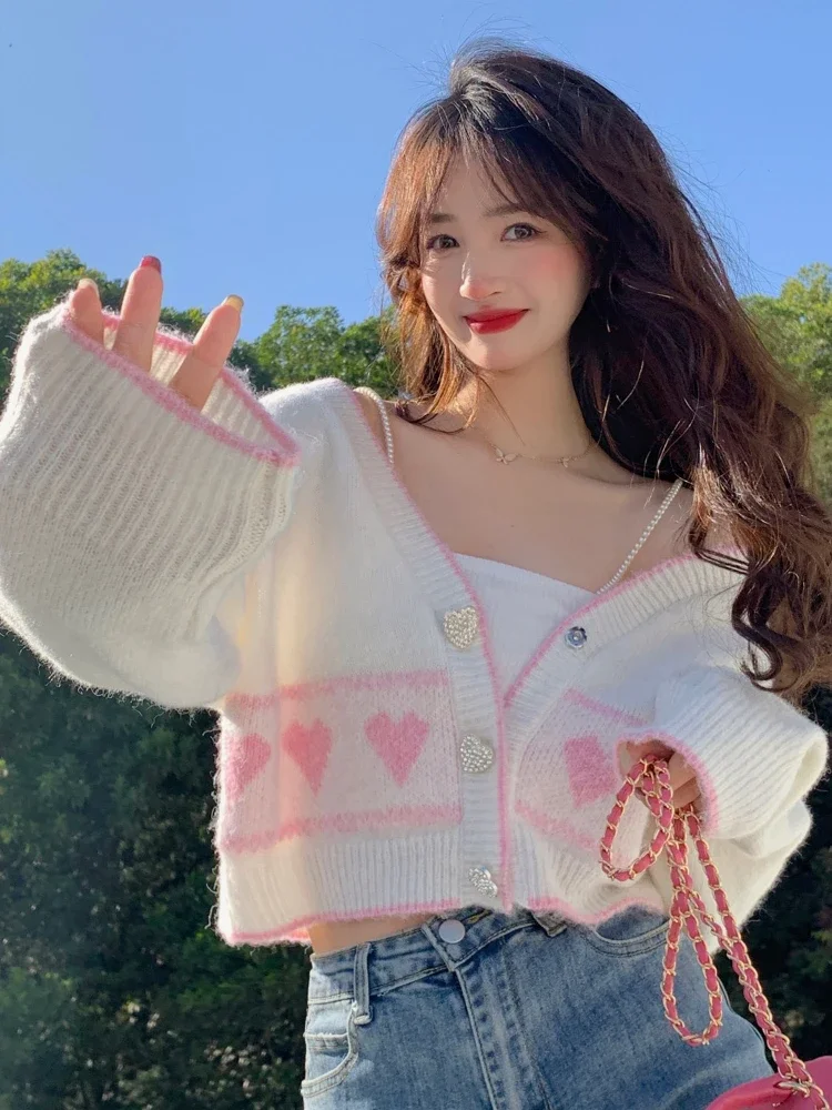 Top Trends: Korean Fashion Sweet Knitted Cardigan Women White Heart Button Jacquard Sweater Coat Y2k Cute Knitwear Crop Tops Autumn Clothes Shoppable Styles