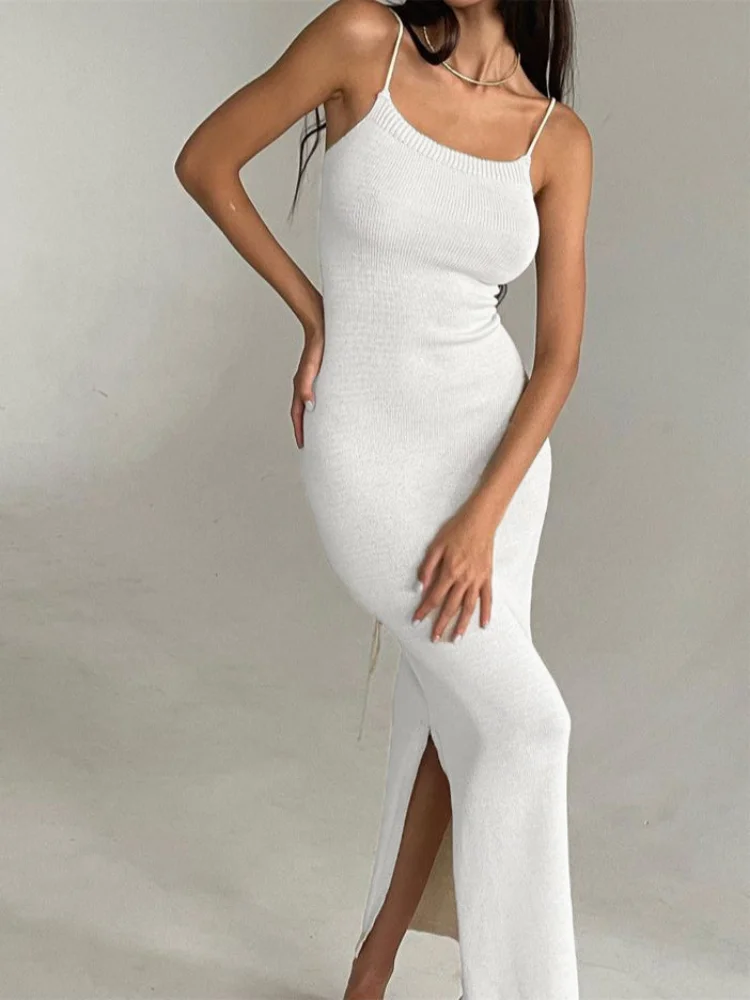 Top Trends: Elegant Knitted Long White Dress Women Hot Sexy Spaghetti Straps Backless Bodycon Maxi Dress Lace-Up Slit Dress Party Outfits Shoppable Styles