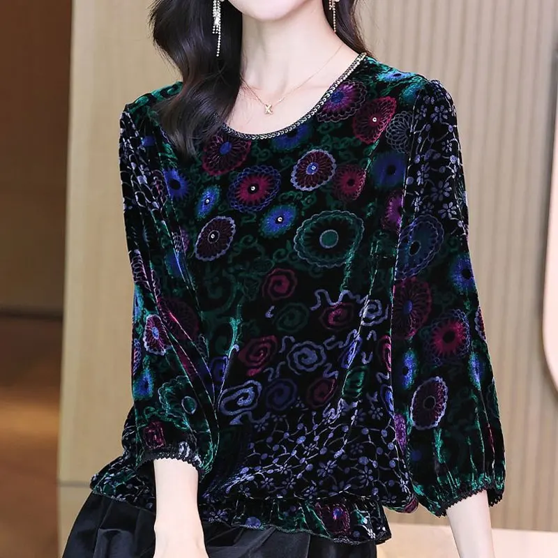 Top Trends: Velvet Vintage Printed Shirt Female Clothing Elegant Folds Autumn Casual Nine Quarter Sleeve Stylish Loose Commute O-Neck Blouse Shoppable Styles - Image 5