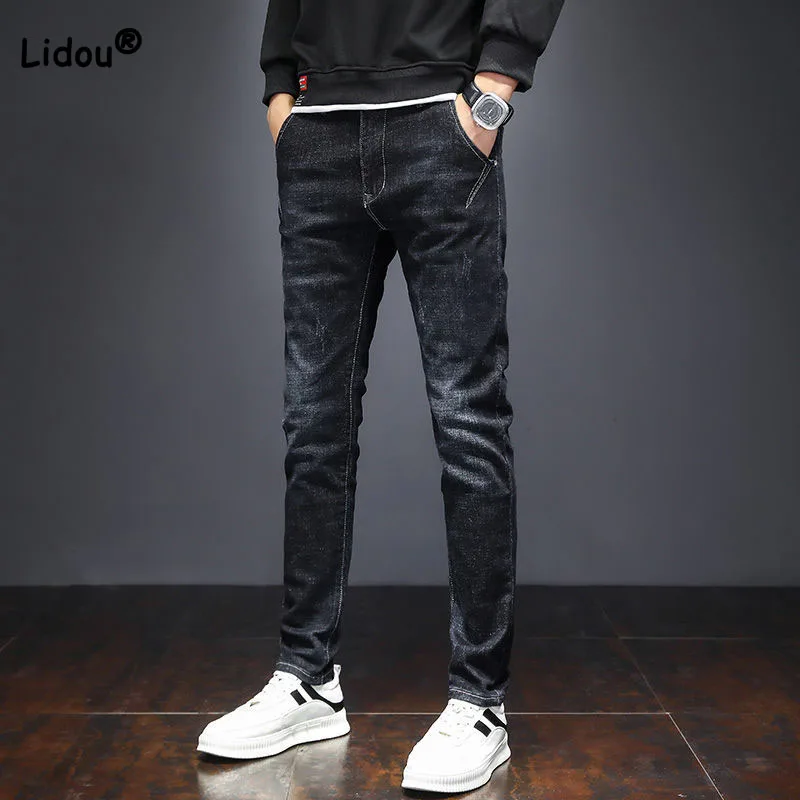 Top Trends: Spring Summer Men's Slim Fashionable Mid Waist Jeans Trend All-match Casual Elastic Solid Color Pencil Trousers Male Clothes Shoppable Styles