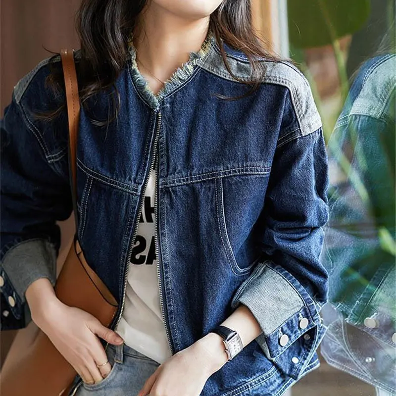 Top Trends: Female Clothing Solid Color Denim Coat Korean Spring Autumn Casual Stand Collar Zipper Fashion Pockets Tassel Spliced Jackets Shoppable Styles