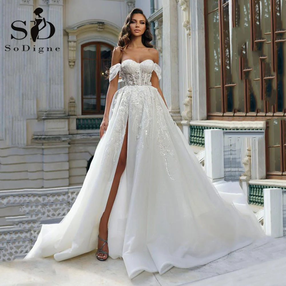 Top Trends: SoDigne Church A Line Luxury Wedding Dresses 2024 Shiny Lace Appliques Formal Bride Gowns Sweetheart Split Boho Bridal Dress Shoppable Styles