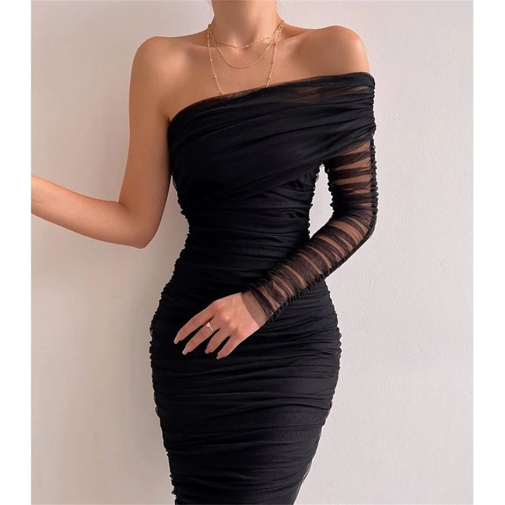 Top Trends: 2024 Black Women One Shoulder Mesh Long Dress Sexy Diagonal Collar Wrap Slim Bodycon Prom Dresses Lady Formal Evening Party Gown Shoppable Styles