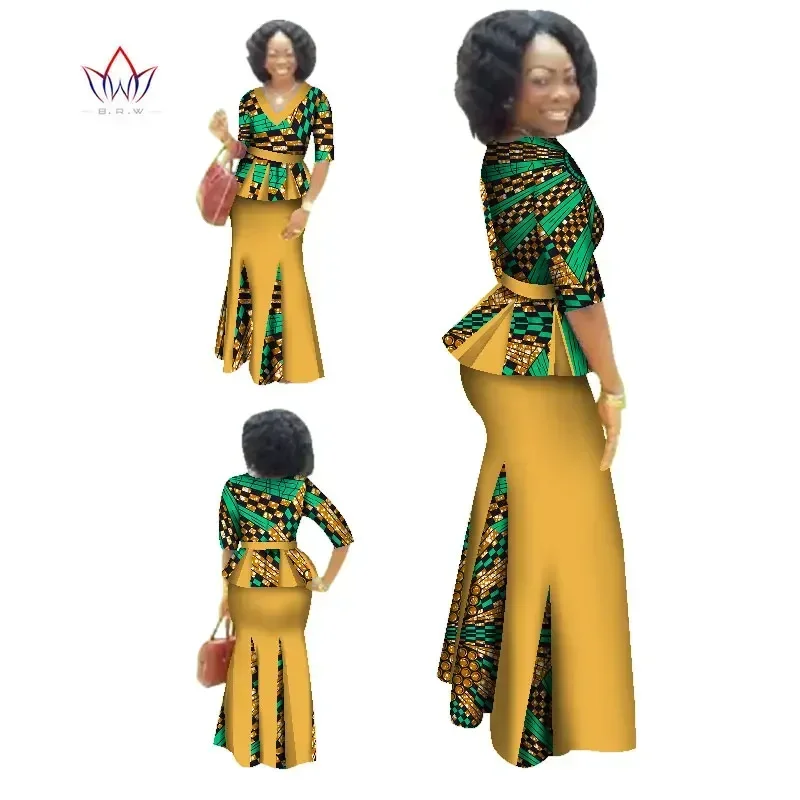 Top Trends: Traditional African Clothing 2 Piece Set Women Clothes Half Sleeve Maxi Dress Dashiki African Print Skirt Free Scarf 6XL WY1435 Shoppable Styles