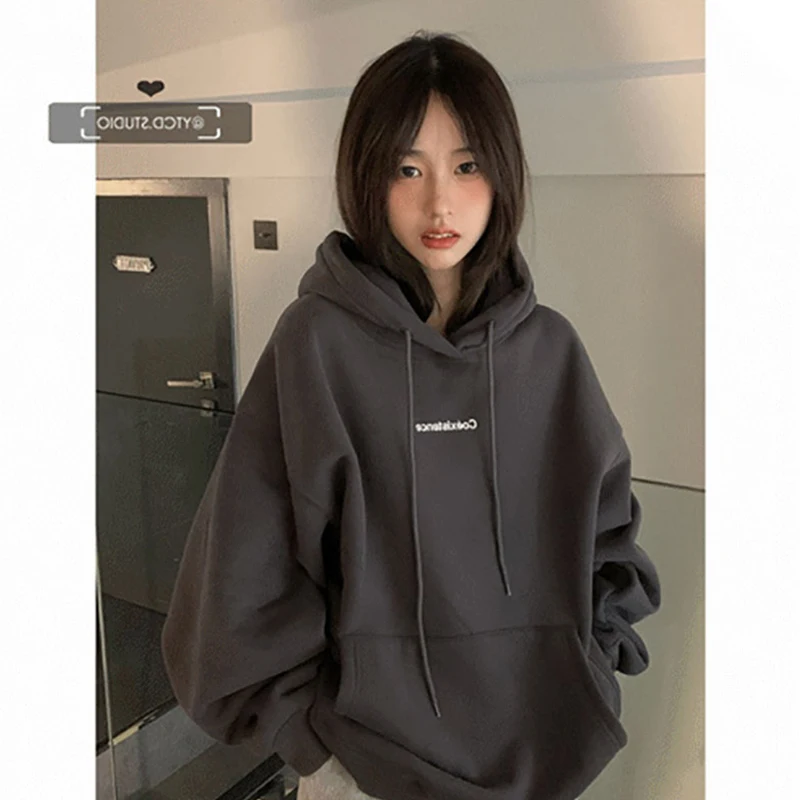 Top Trends: Fashion Dark Grey Hoodie Fleece Thicken Sweatshirt Long Sleeve Korean Letter Printing Baggy Female Tops Pullover Hoodie Autumn Shoppable Styles - Image 2