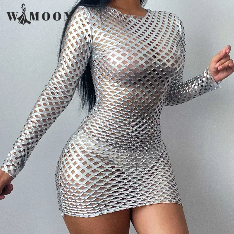 Top Trends: Autumn Sexy Bodycon Hollow Out Dress Silver Diamond Mesh Club Long Sleeve Mini Pencil Party Dress For Women Shoppable Styles