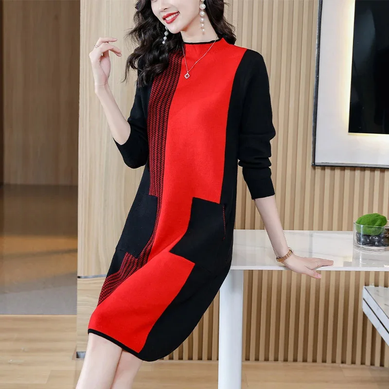 Top Trends: Women's Contrast Style Patchwork Knitted Dress Winter Fashion Inside Pockets Loose Thick Wool Sweater Dresses Shoppable Styles - Image 3