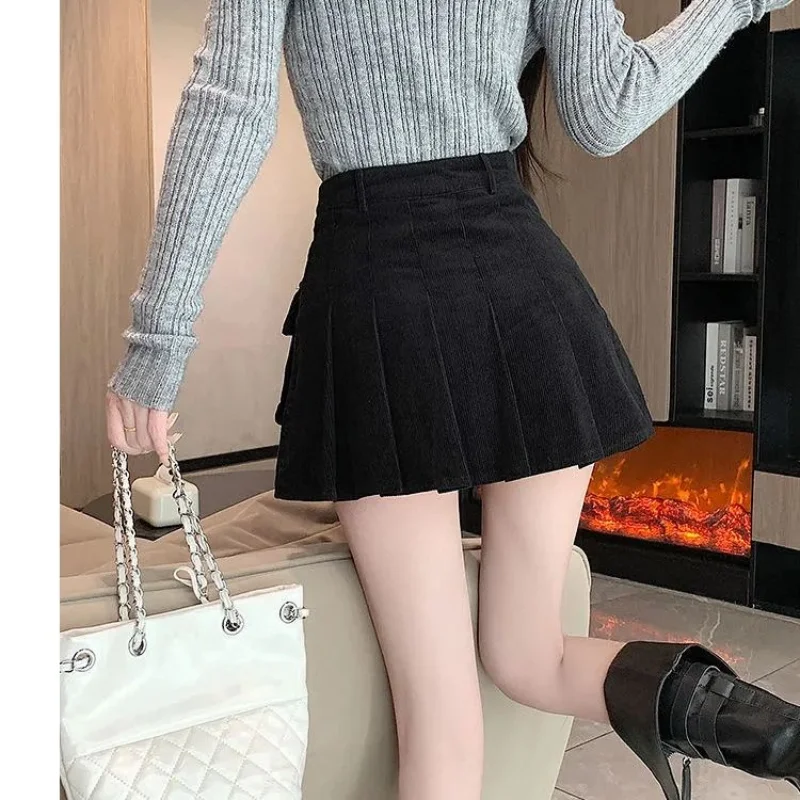 Top Trends: Vintage Corduroy Pleated Skirt Spring Autumn New High Waist Pockets Patchwork A-line Short Skirt Sweet Fashion Women Clothing Shoppable Styles - Image 6