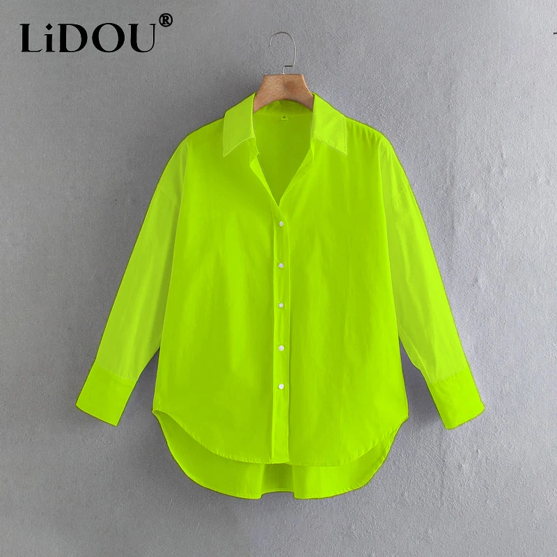 Top Trends: Solid Young Style Simplicity Button Up Asymmetrical Big Size Loose Leisure Shirt Female Bright Color Blouse Fashion Tops Women Shoppable Styles