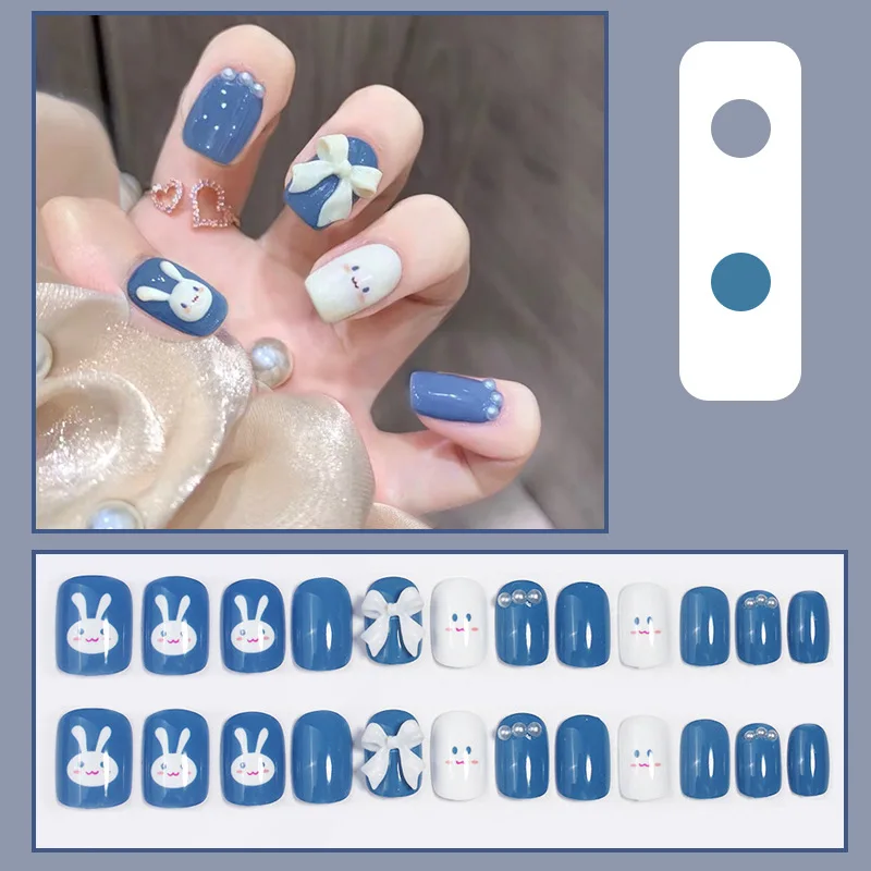 Top Trends: 24PCS / Box Bowknot Rabbit Pattern Pearl Short Square Designer Fashion Design French Style Full Covering Pressed Fake Nails Shoppable Styles