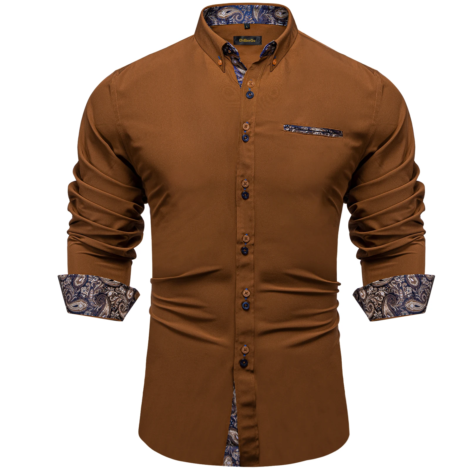 Top Trends: Brown Solid Casual Shirts For Men Blue Paisley Color Contrast Fashion Dress Shirt Luxury Designer Men Clothing Shoppable Styles