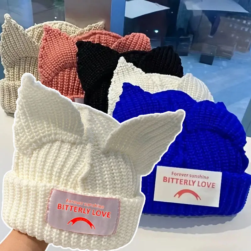 Top Trends: New Ins Cat Ear Knitted Wool Hat Women Fashion Hooded Cap Beanies Winter Warm Pig Ear Woolen Hats Design Kpop Personality Bonnet Shoppable Styles