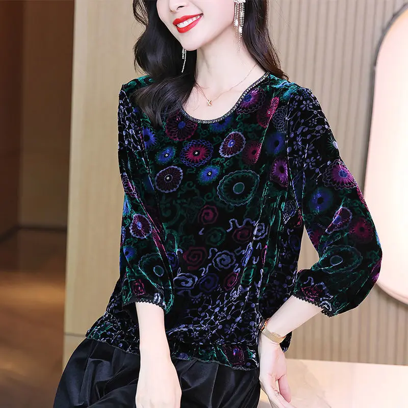 Top Trends: Velvet Vintage Printed Shirt Female Clothing Elegant Folds Autumn Casual Nine Quarter Sleeve Stylish Loose Commute O-Neck Blouse Shoppable Styles - Image 2