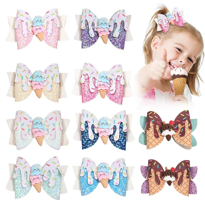 Top Trends: Ncmama New Ice Cream Hair Bow Clips For Kids Lovely Glitter Bowknot Hair Pin Donuts Hairgrips Baby Headwear Hair Accessories Shoppable Styles