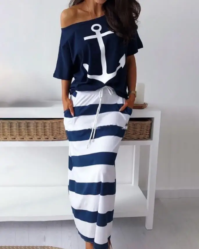 Top Trends: Two Piece Sets Womens Outifits Summer Fashion Boat Anchor Print Round Neck Short Sleeve T-Shirt &amp; Striped Drawstring Skirt Set Shoppable Styles