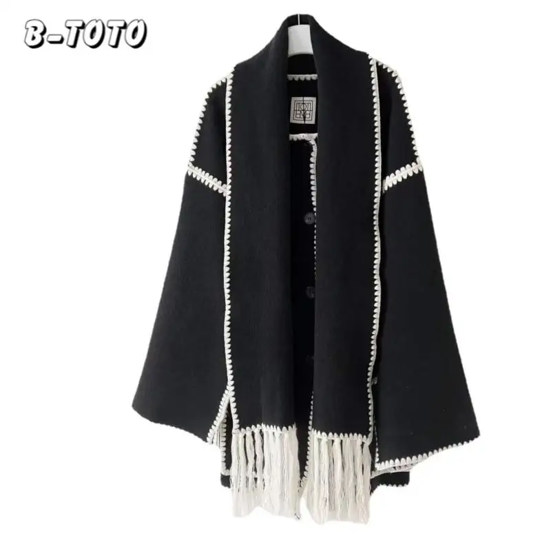 Top Trends: B-TOTO Wool Coat Warm Temperament Tassel Scarf Collar White Woven Crochet Loose Wool Tweed Knit Jacket Clothes Women 2023 Shoppable Styles