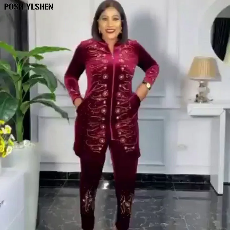 Top Trends: Two Piece Set Women Tracksuit Velvet Clothes African Dresses For Women 2023 Party Diamond Bead Tops Pants Suits Outfit Plus Size Shoppable Styles