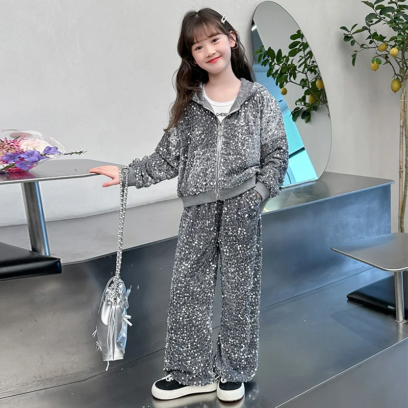 Top Trends: Girls Clothes Set Zipper Sequin Hoodies Sweatpants Two Pieces Teenage Kids Tracksuit Dance Casual Sport Children Clothing Set Shoppable Styles