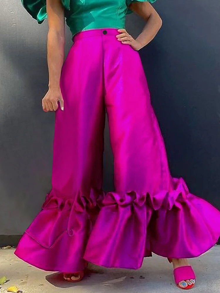 Top Trends: Fuchsia High Waist Pants Shiny Flare Pleated Wide Leg Trendy Long Capris Women Cocktail Party Bottoms Trim Trousers Large Size Shoppable Styles