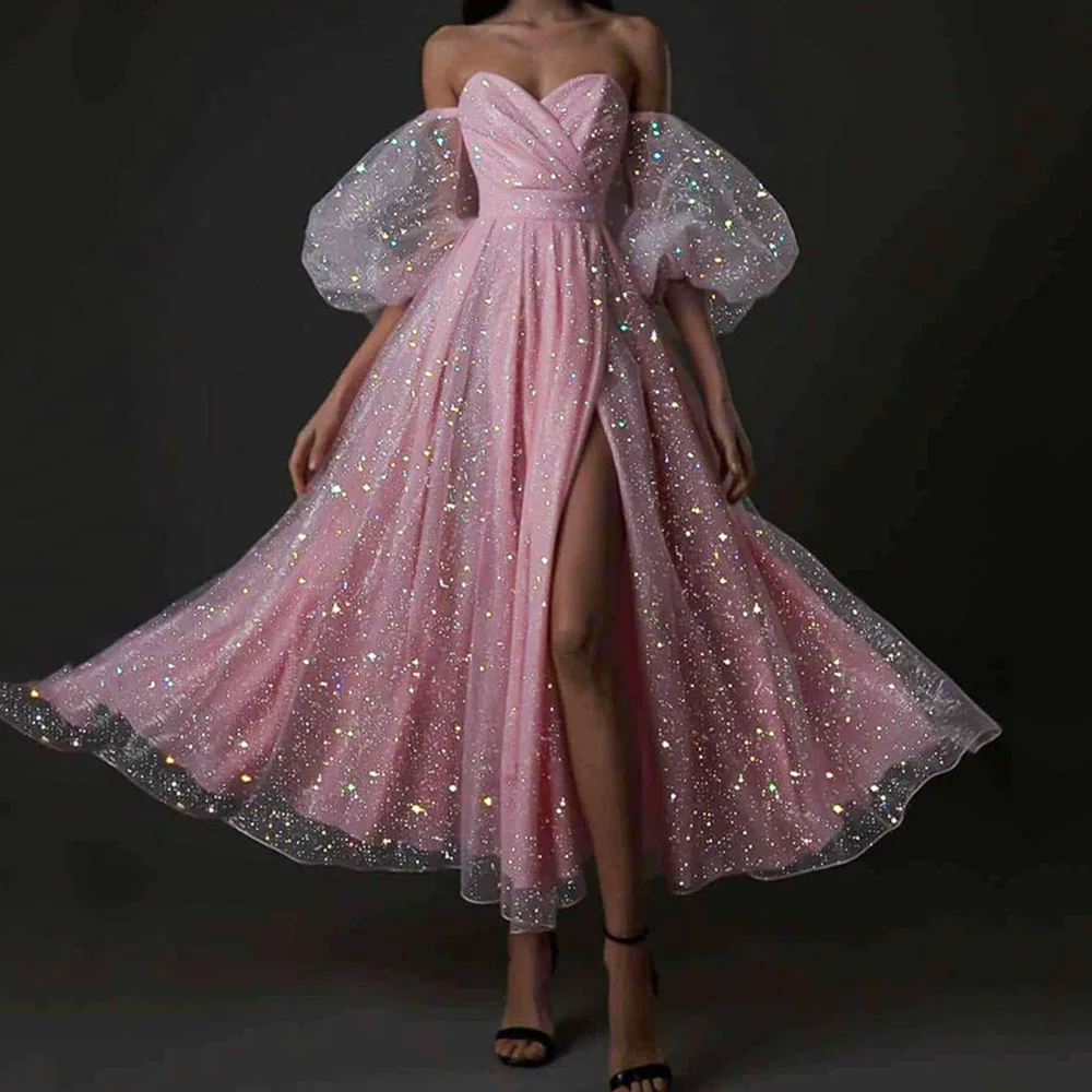 Top Trends: JEHETH Shinning Pink Prom Dresses Puff Short Sleeves Side Split Evening Gowns Tea Length 2023 Formal Party Short Puff Sleeves Shoppable Styles