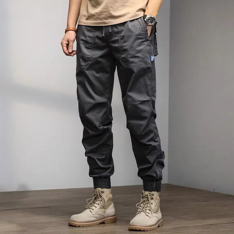 Top Trends: Classic Cotton Solid Color Pocket Cargo Pants Men's Fashion Brand Waist Drawstring Street Casual Male Slim Trousers Versatile Shoppable Styles - Image 3