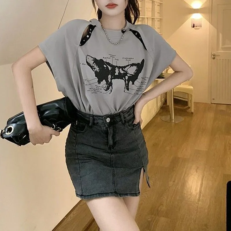 Top Trends: 2023 New Summer Design Sense Fashion Two Wear Off Shoulder Loose Fit Pure Lust Spicy Girls Unique Print Short Sleeve T-shirt Shoppable Styles