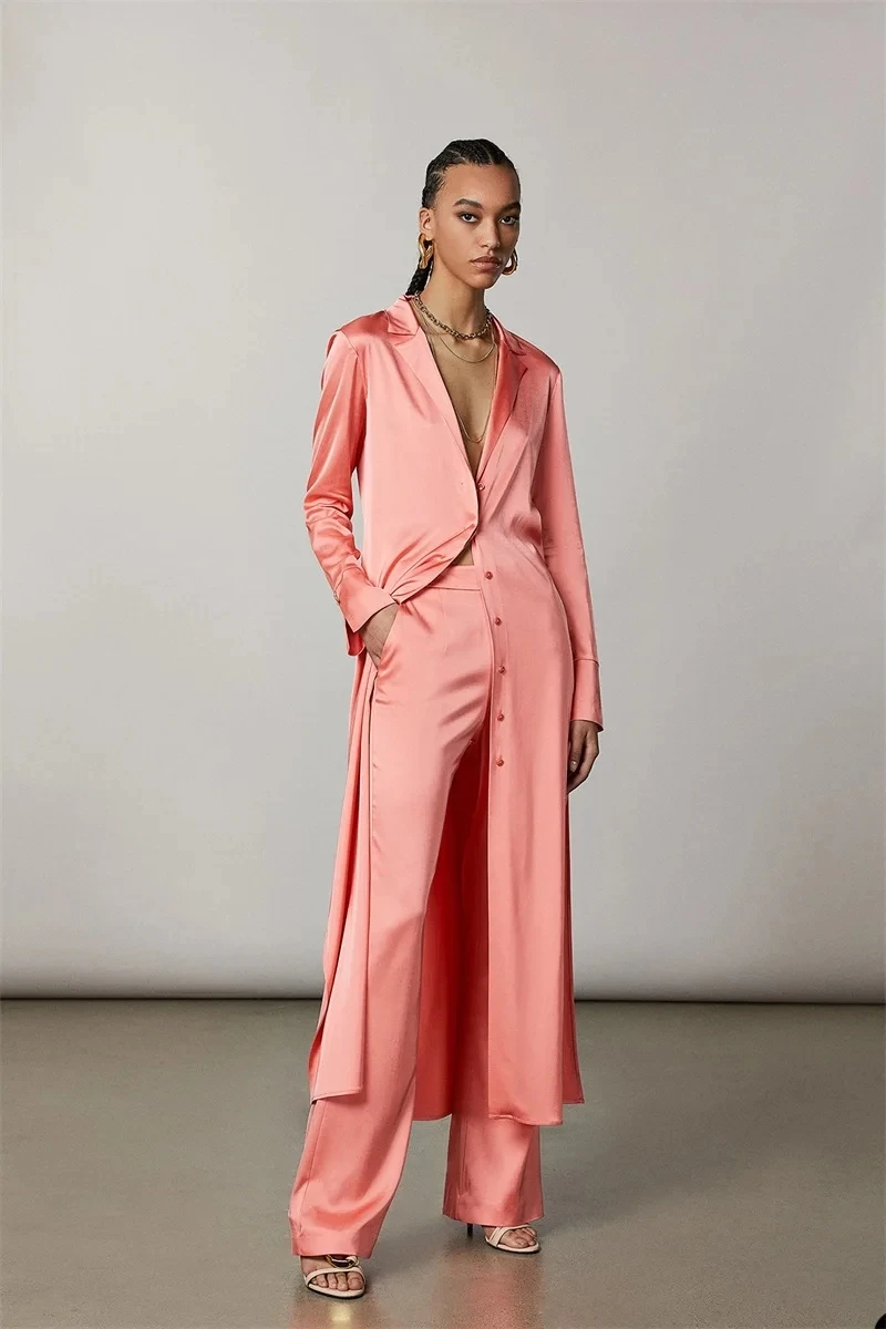 Top Trends: Classic Loose Women Suits 2 Pieces Satin Formal Buttons Long Blazer Pants Peaked Lapel Plus Size Custom Made Mother Of The Bride Shoppable Styles