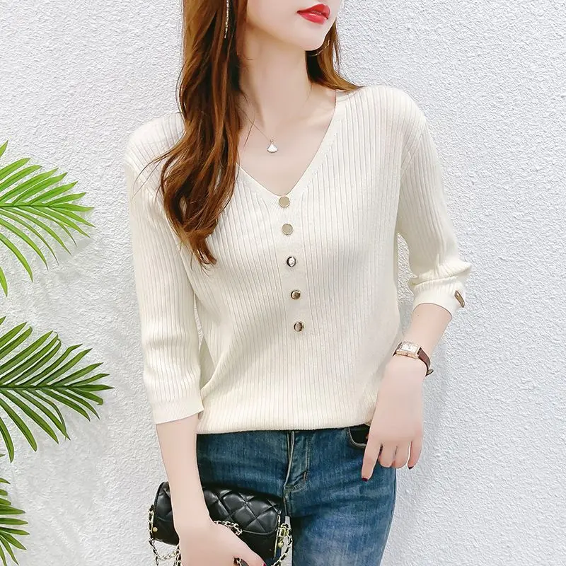 Top Trends: 2023 Autumn And Winter New Oversize Versatile Commuter Women&#039;s Clothing Splice Button V-Neck 3 / 4 Sleeve Solid Color Pullover Shoppable Styles