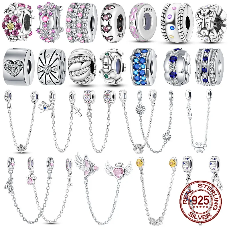 Top Trends: Spacer Clip Charms Safety Chain 925 Sterling Silver Love Daisy Heart Charms Fit Original Pandora Bracelet Jewelry DIY Gift Shoppable Styles