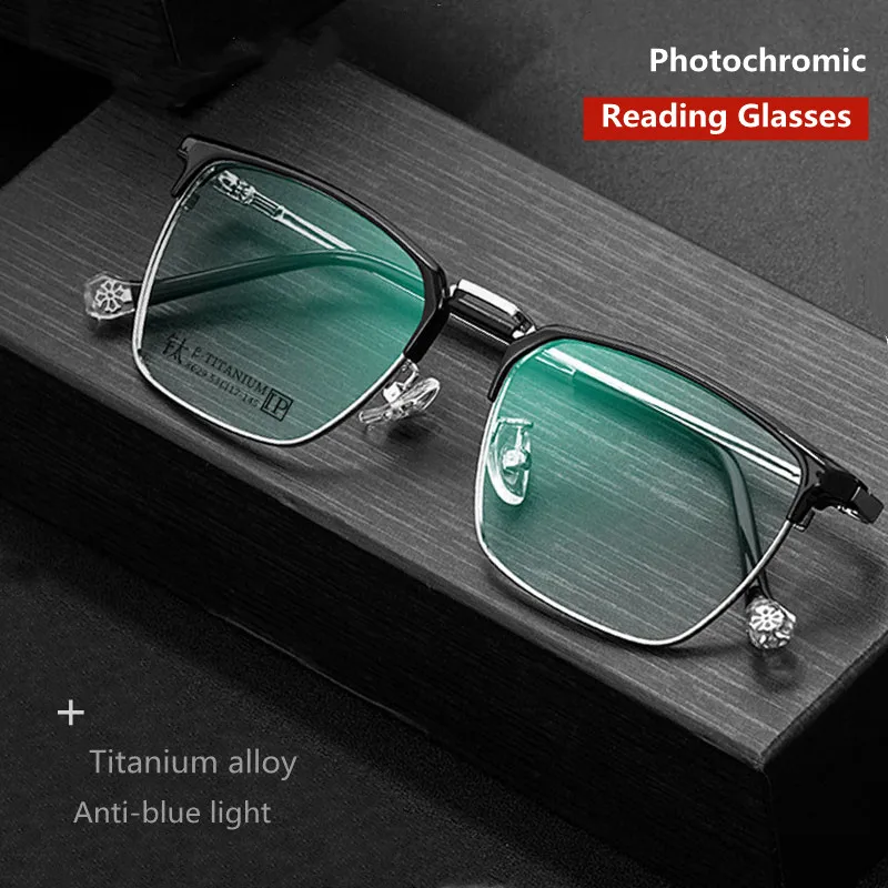 Top Trends: Anti Blue Light Pure Titanium Ultra-Light Reading Glasses Men Brand Design Square Frame Photochromic CR-39 Resin Lenses + 1.5 2.0 Shoppable Styles