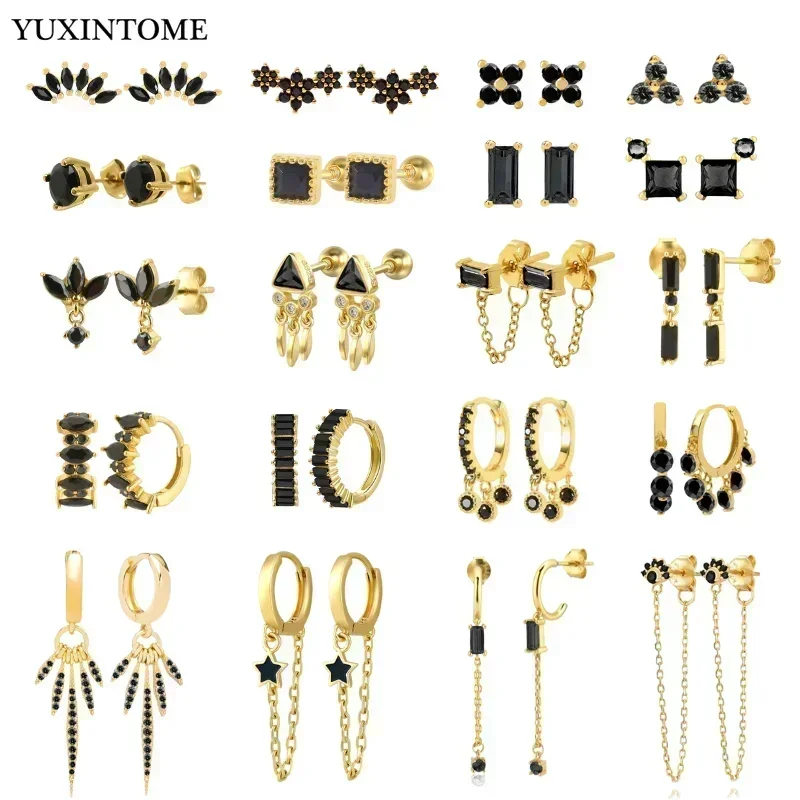 Top Trends: YUXINTIME 925 Sterling Silver Ear Needle Black Zircon Gold Earrings For Women Geometric Pendant Earrings Fashion Wedding Jewelry Shoppable Styles