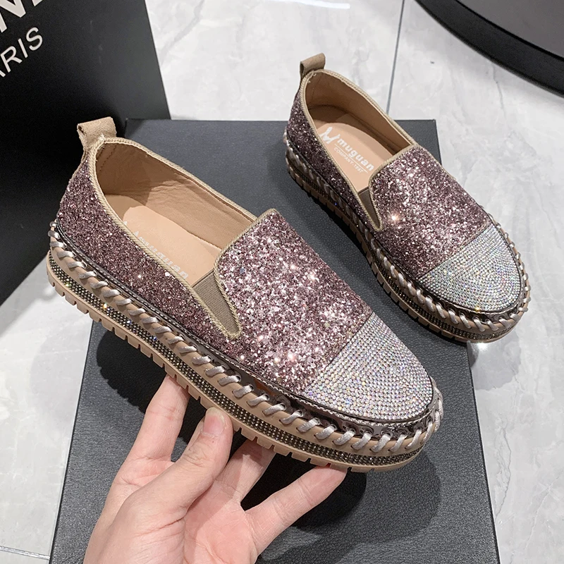 Top Trends: Women Shining Rhinestone Flats Loafers Slip-on Thick Botton Casual Woman Crystal Shoes Female Fashion Sneakers Sports Running Shoppable Styles - Image 2