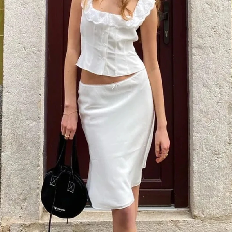 Top Trends: DEEPTOWN White Satin Long Skirt Women Coquette Low Waist A-line Lace Patchwork Slim Silk Y2k Midi Skirt Summer Party Skirts Shoppable Styles