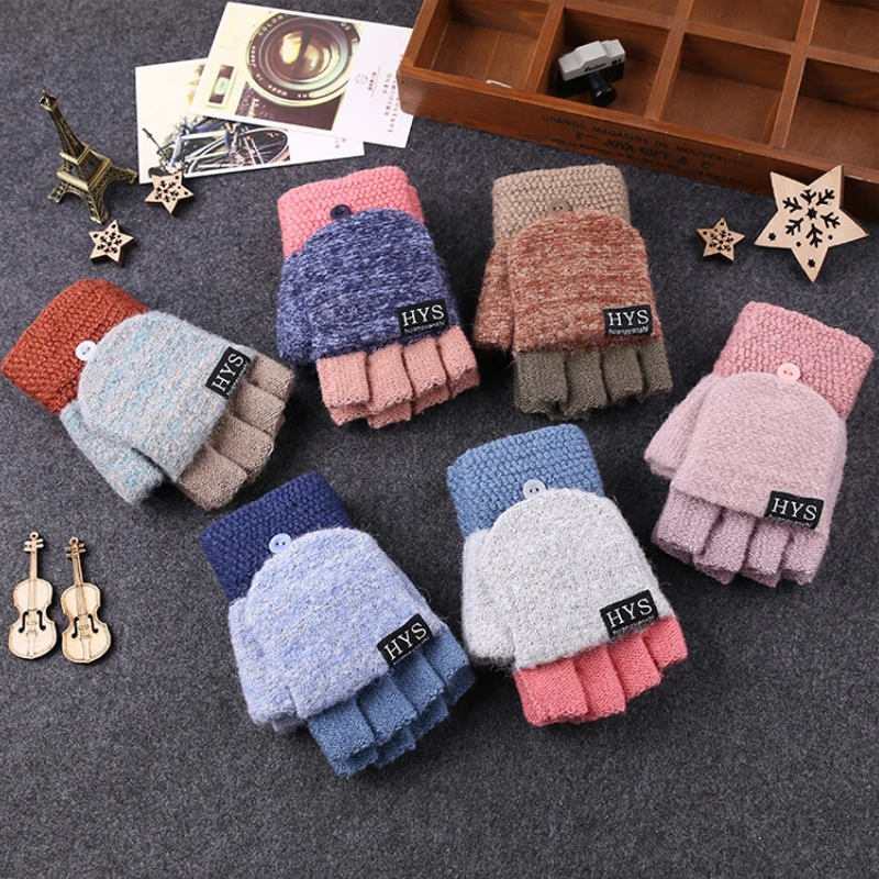 Top Trends: 2021 Winter Warm Thickening Wool Glovs Knitted Flip Fingerless Exposed Finger Thick Without Fingers Glove Women Shoppable Styles