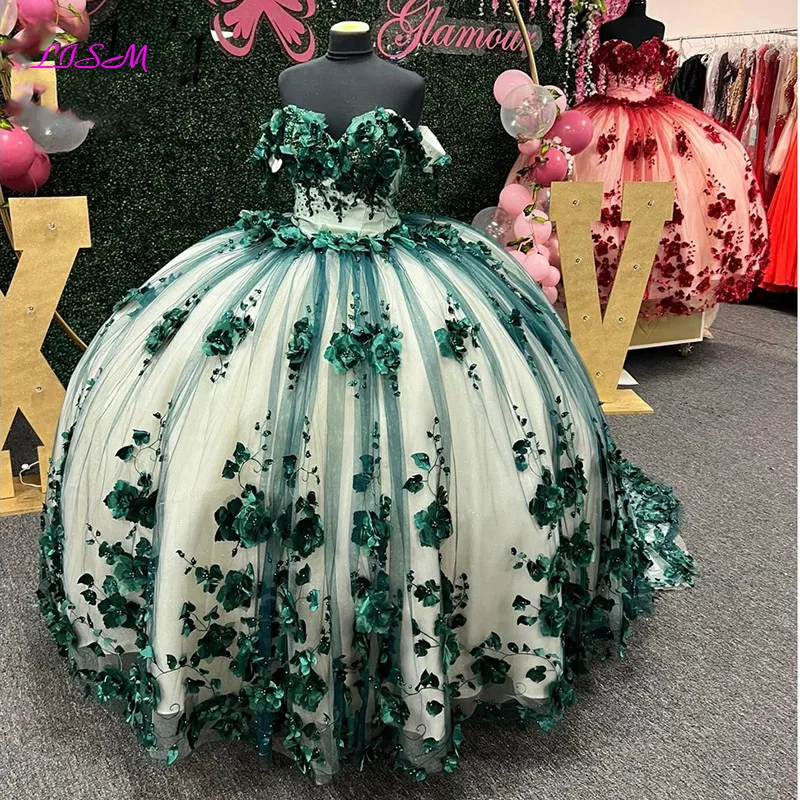 Top Trends: Emerald Green 3D Flowers Ball Gown Quinceanera Dresses Off The Shoulder Floral Appliques Beads Corset For Sweet 15 Girls Party Shoppable Styles