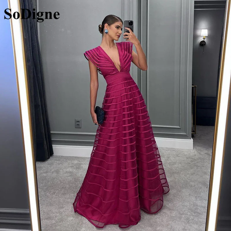 Top Trends: SoDigne Purple V Neck Backless Sexy Evening Dresses Cap Sleeves Floor Length Prom Dress Women Party Special Occasion Dress Shoppable Styles