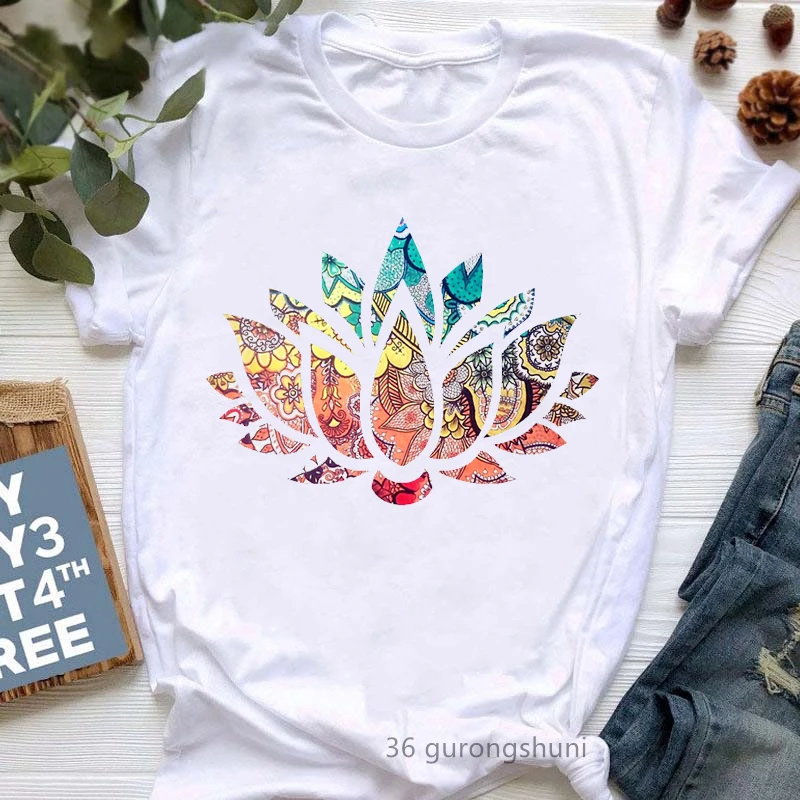 Top Trends: Rainbow Tree Print Tshirt Women Buddha Chakra Meditation T Shirt Femme Breathe Symbols Yoga T-Shirt Female Harajuku Shirt Shoppable Styles