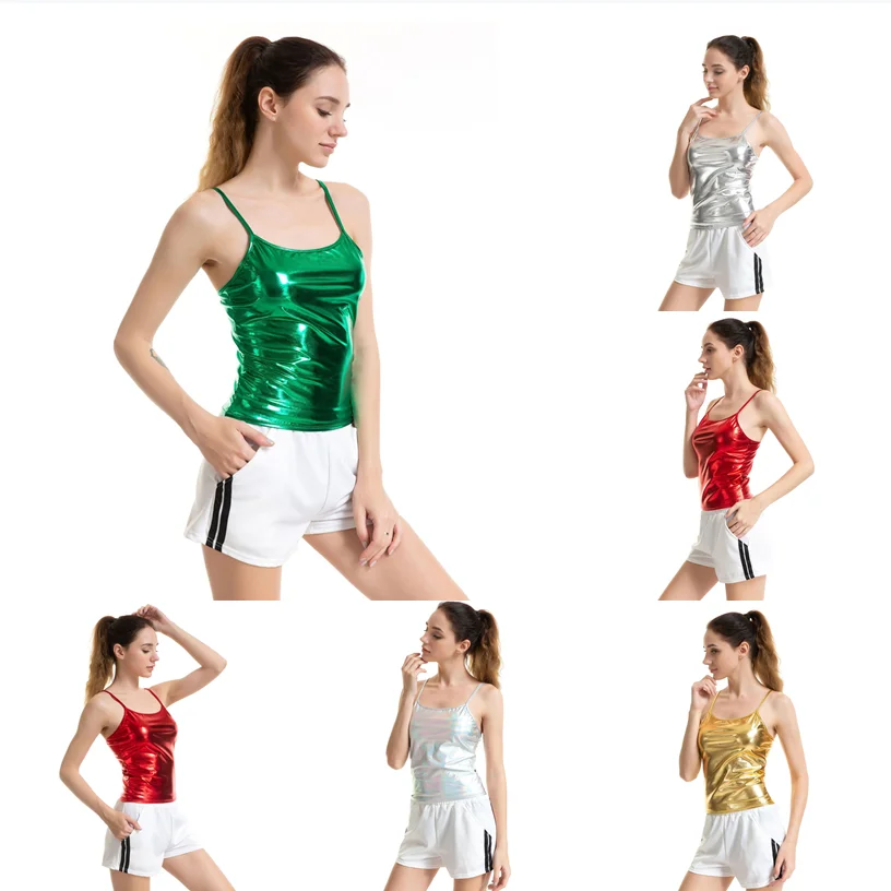 Top Trends: Women&#039;s Shiny Metallic Camisole Wet Look Short Vest New Spaghetti Straps Tank Top Party Club Dancewear Basic Solid Strappy Cami Shoppable Styles